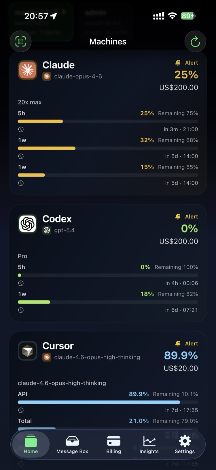 LimitWatch Home — Claude, Codex, Cursor quota monitoring